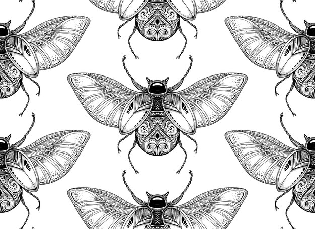 Vector seamless pattern with black and white hand drawn stylized beetle. doodle ethnic patterned bug.