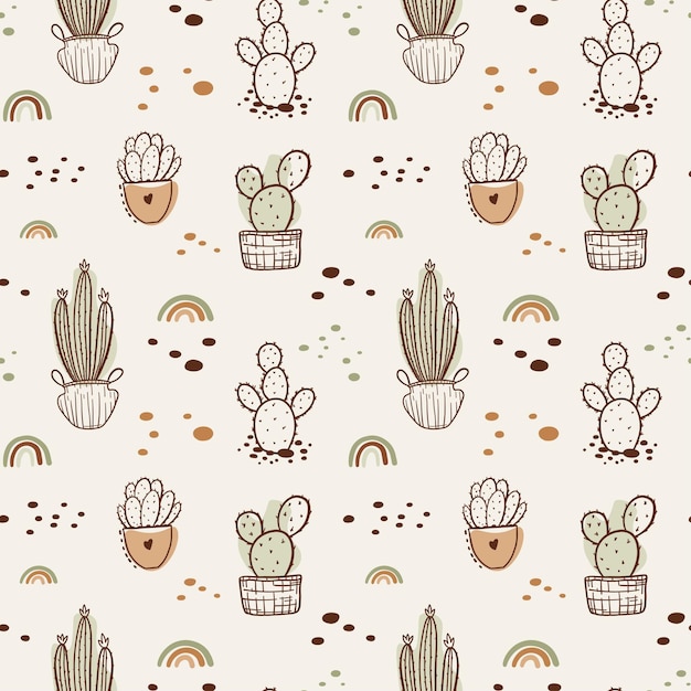 Vector seamless pattern with boho cactus Plants in a flower pot and succulents