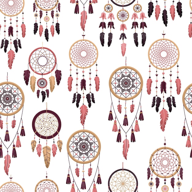 Vector seamless pattern with boho dreamcatchers. Flat style