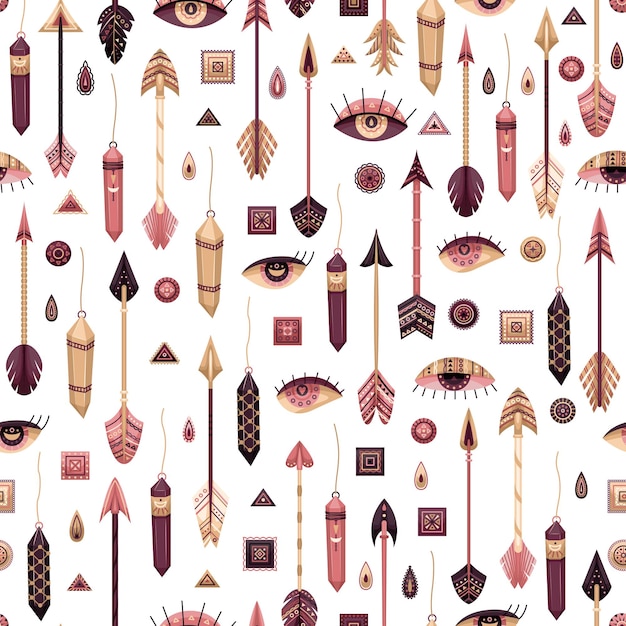 Vector seamless pattern with boho illustrations. Bohemian background in the flat style.