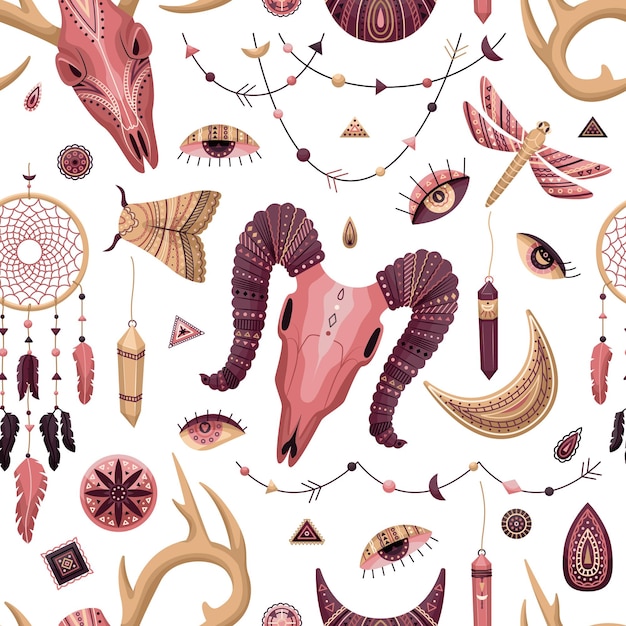 Vector seamless pattern with boho illustrations. Bohemian background in the flat style.