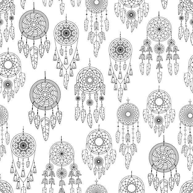 Vector vector seamless pattern with boho illustrations. bohemian background. line art, outlines.