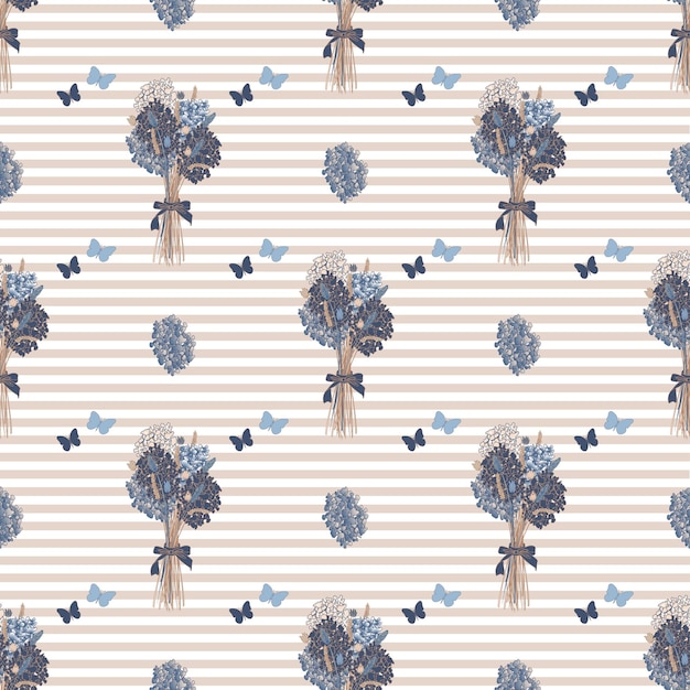 Vector seamless pattern with a bouquet of dried flowers stripes and butterflies