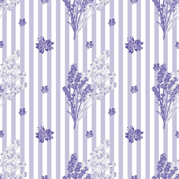 Vector seamless pattern with a bouquet and lavender flowers with vertical stripes