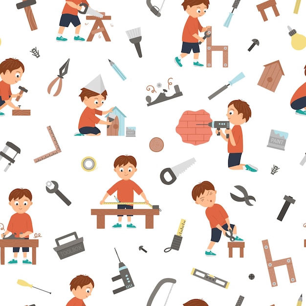 Vector seamless pattern with boys doing carpenter, building or wood work and tools. flat funny kid character repeating background. craft lesson digital paper