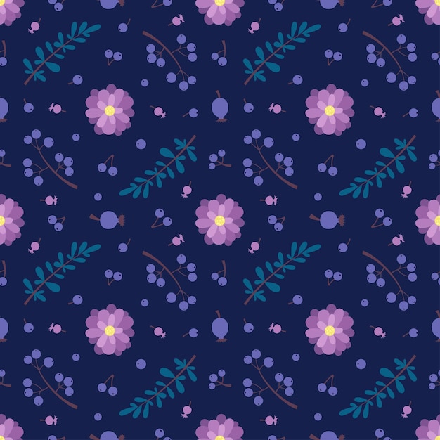 Vector seamless pattern with branches flowers and berries