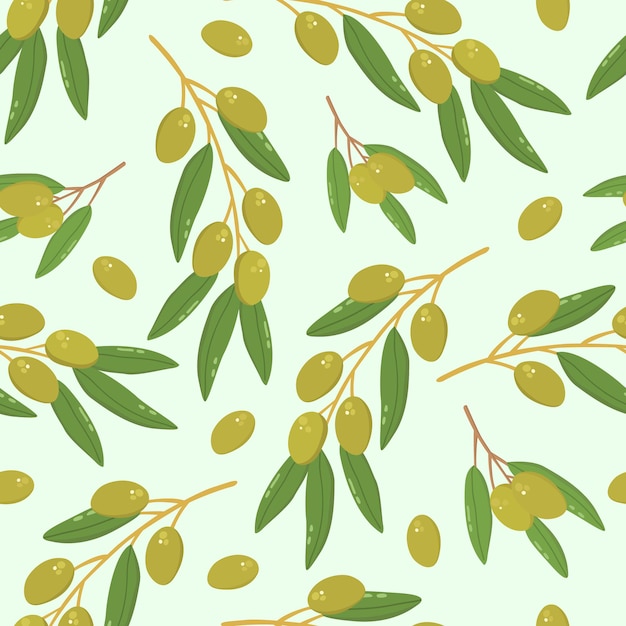 Vector seamless pattern with branches of green olives. flat cartoon illustration.