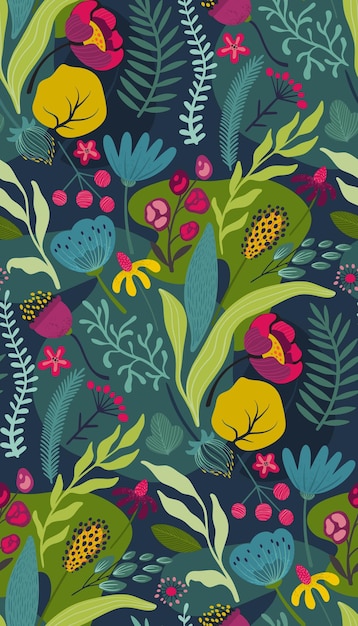 Vector vector seamless pattern with bright flowers and leaves endless floral background