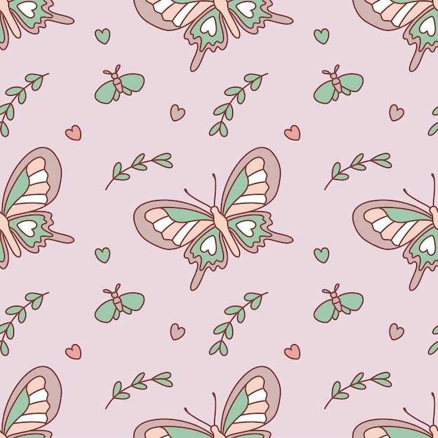 Векторный бесшовный рисунок с бабочками, листьями, сердцами Иллюстрация для тканевого текстильного фона