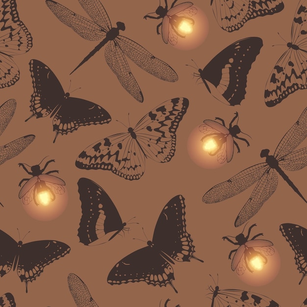 Вектор Векторный бесшовный рисунок с бабочкой и светлячком