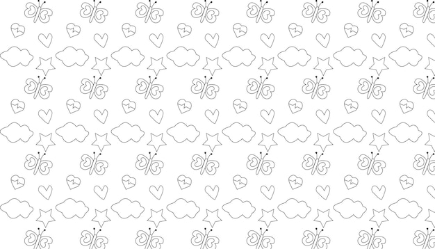 Vector seamless pattern with a butterfly clouds hearts and butterflies on a white background