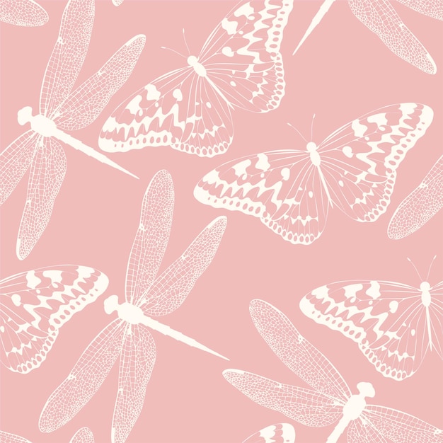 Vector vector seamless pattern with butterfly and dragonfly silhouettes