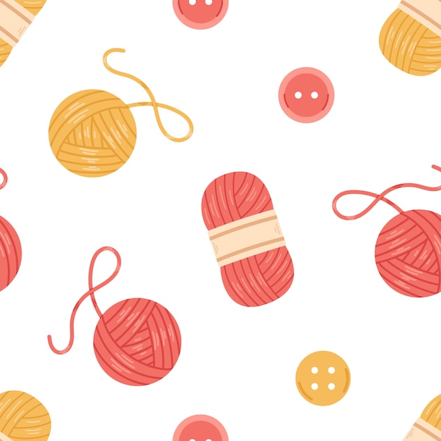 흰색 배경에 빨간색과 노란색 니트 스레드를 뜨개질하기 위한 단추 양모 원사 공 및 Skeins가 있는 벡터 원활한 패턴 아늑한 공예 취미