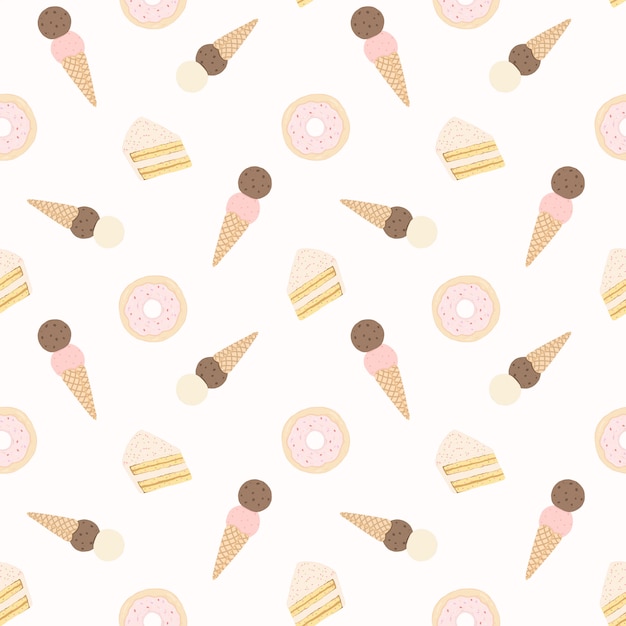 Бесшовный узор вектор с пирожными, пончики и мороженое.