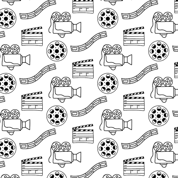 Vector vector seamless pattern with camera film cinema pattern in doodle style