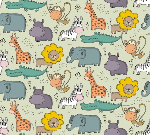 Vector vector seamless pattern with cartoon african animals jungle plants and trees