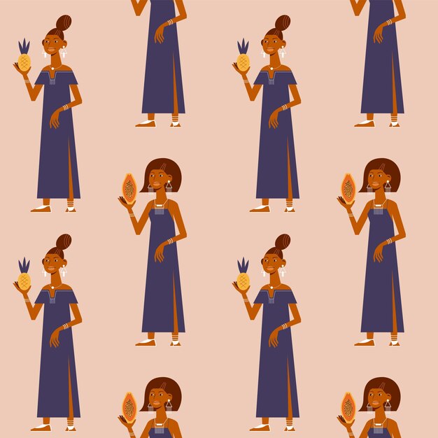 Vector seamless pattern with cartoon african women holding exotic tropical fruits