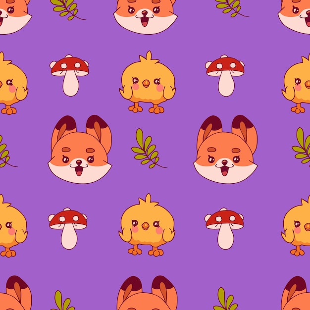 Vector seamless pattern with cartoon characters fox, chicken, mushroom fly agaric and plants. Cute children's print