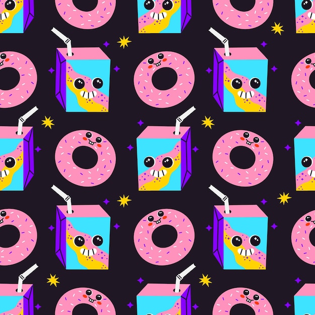 Vector vector seamless pattern with cartoon donut and drink box characters retro background with fast food