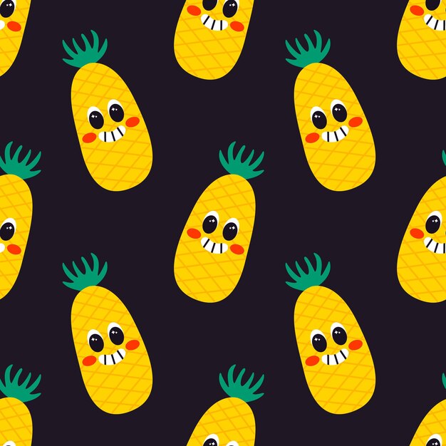 Vector seamless pattern with cartoon pineapple characters retro background with fruits