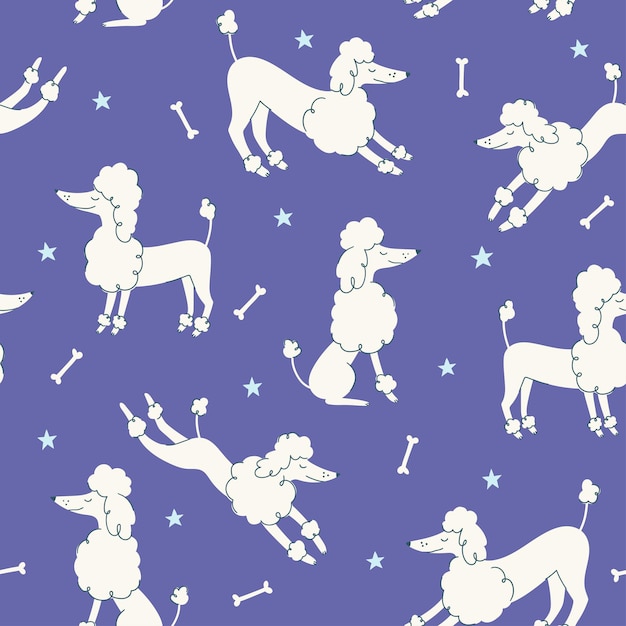 Vector seamless pattern with cartoon  poodles on blue background handdrawn animal seamless fabric