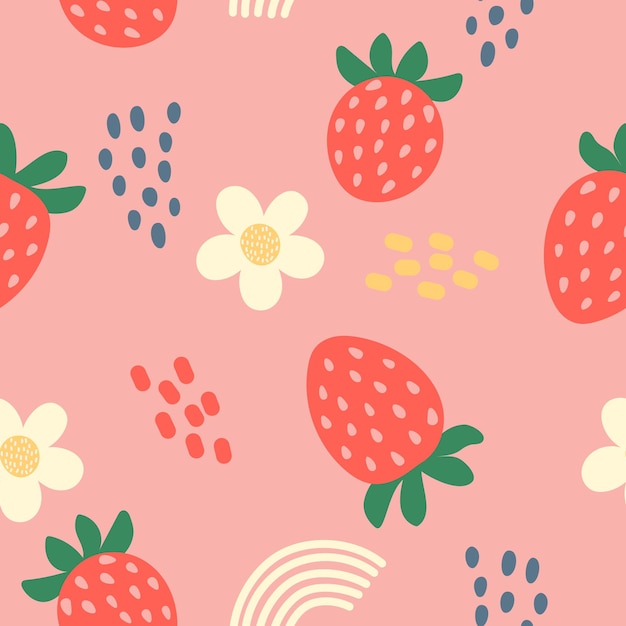 Vector seamless pattern with cartoon style cute strawberries seeds and flowers on a pink background