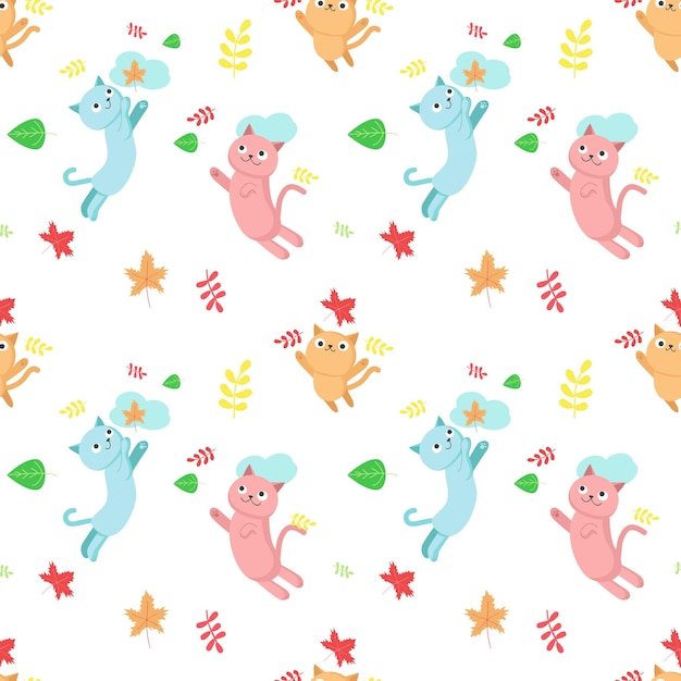 Vector seamless pattern with cats autumn leaves