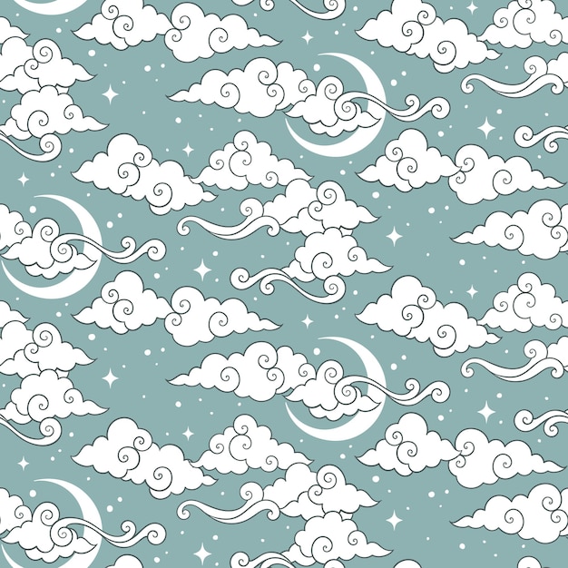 Vector seamless pattern with celestial bodies moons stars and clouds textile or wrapping design