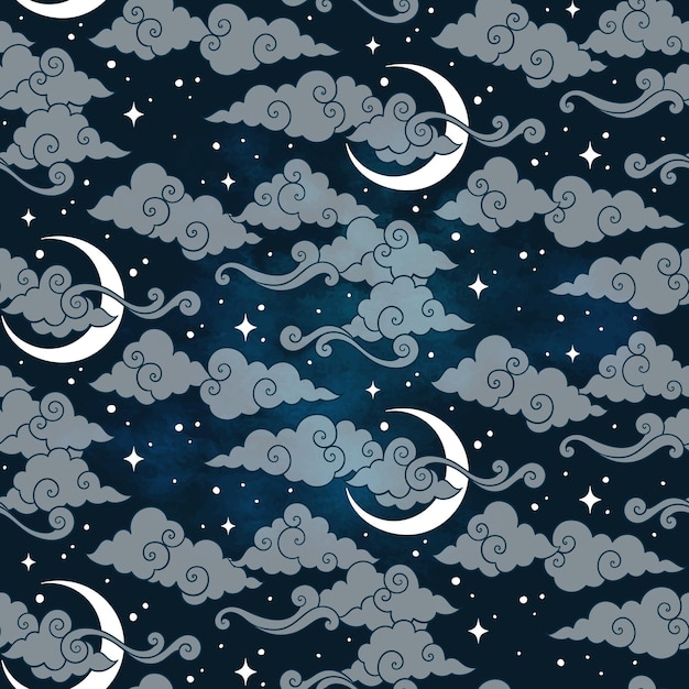 Vector seamless pattern with celestial bodies moons stars and clouds