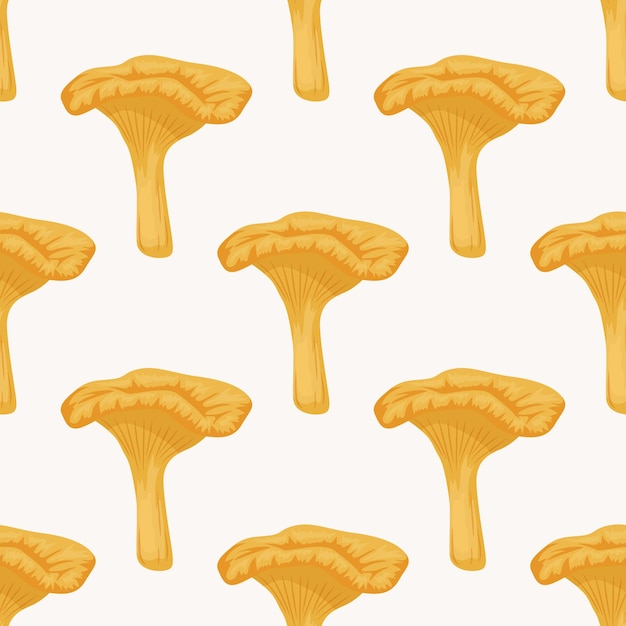 Vector Seamless Pattern with Chanterelle Mushroom on White Seamless Texture Hand Drawn Cartoon Chanterelle Mushrooms Design Template for Textile Wallpaper Print Cantharellus Cibarius