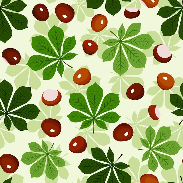 Vector seamless pattern with chestnuts and green chestnut leaves on a green background