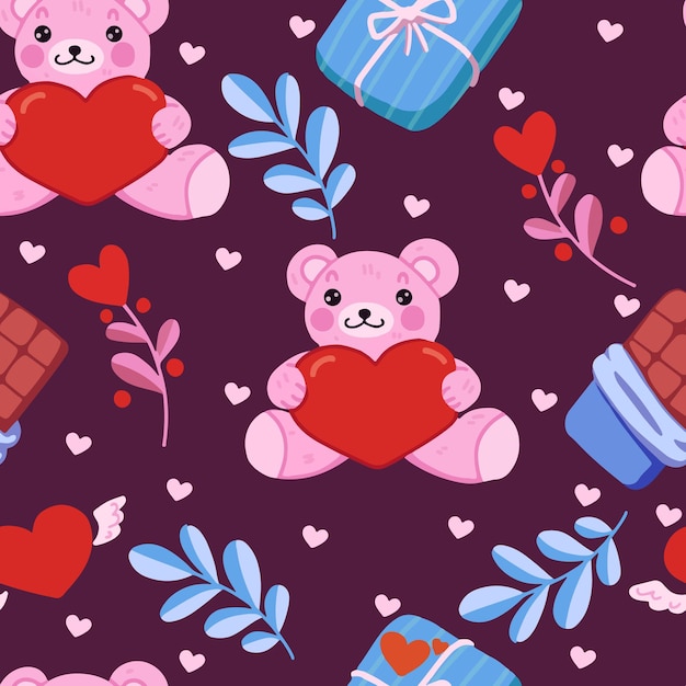 Vector seamless pattern with chocolate, plants, heart, teddy bear for valentine's day