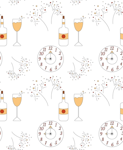 Vector seamless pattern with christmas clock champagne and fireworks