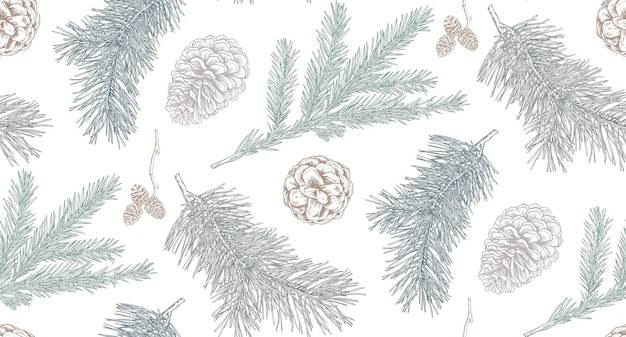 Vector seamless pattern with Christmas floral elements plants branches pine cones