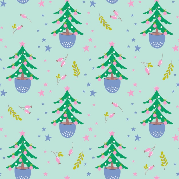 Vector seamless pattern with Christmas tree, plant and stars. Beautiful festive background.