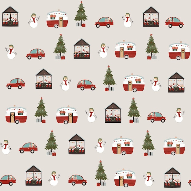 Vector seamless pattern with Christmas trees snowman Market stall car with gifts Cartoon Illustration for Background wallpaper wrapping paper