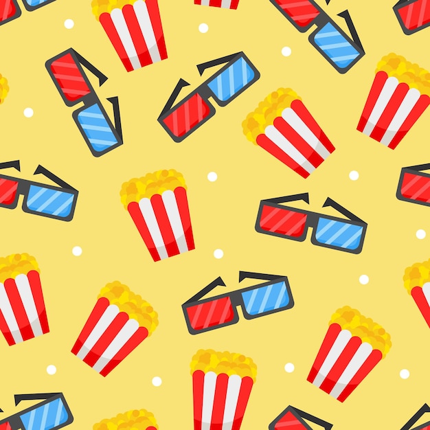 Vector seamless pattern with cinema symbols popcorn and d glasses