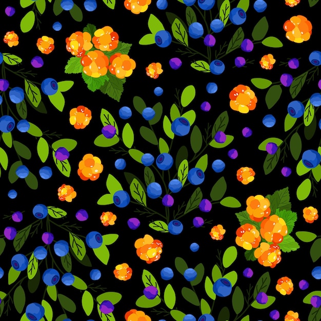 Векторный бесшовный рисунок с морошкой и черникой с ветвями и листьями на черном фоне.
