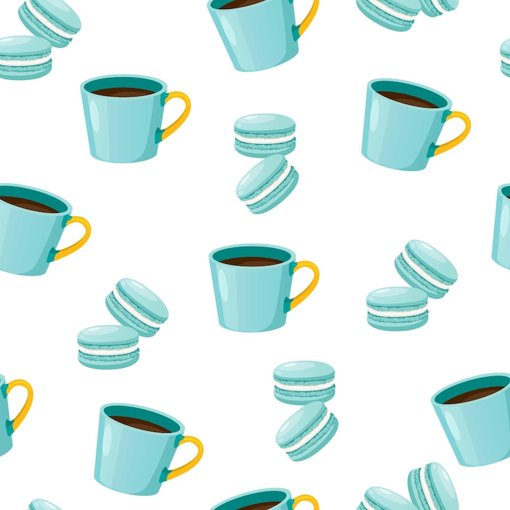 Vector 白い背景に隔離されたミント色のコーヒーカップとマカロンのベクトルシームレスパターン