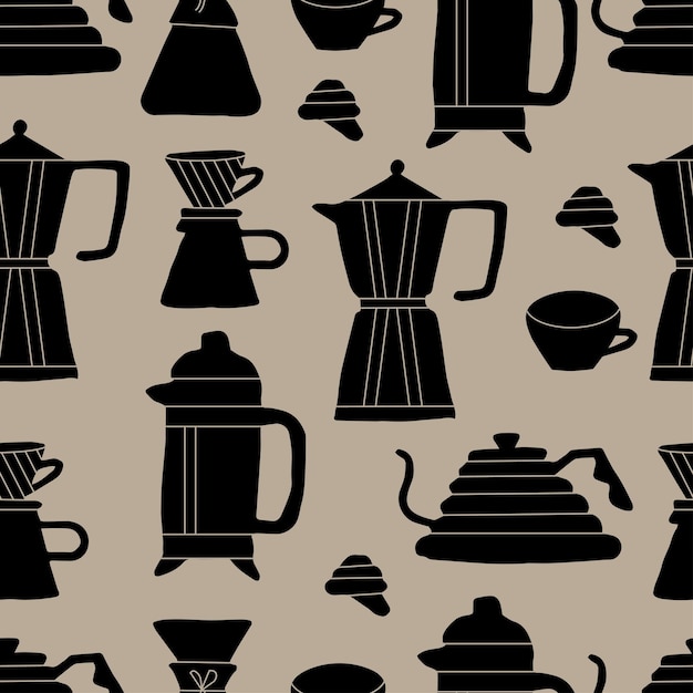 Vector seamless pattern with coffee icons Signs of different methods of brewing coffee