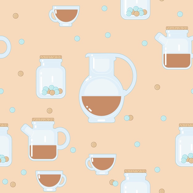 Vector seamless pattern with coffee pots, coffee cups and candies