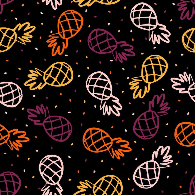 Vector seamless pattern with colorful pineapple and black background