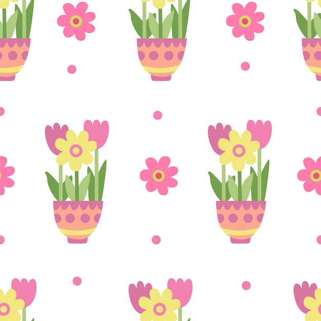 Vector seamless pattern with colorful spring flowers in pots