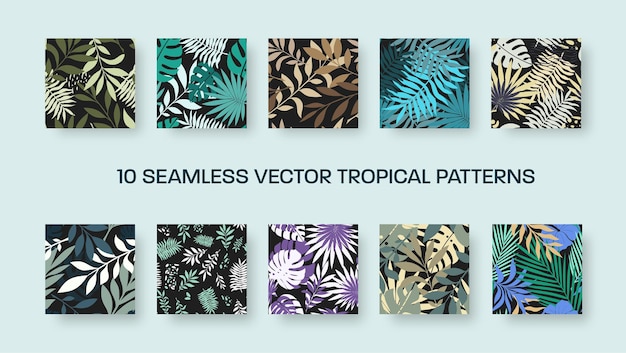 Vector seamless pattern with colorful tropical leaves exotic twigs abstract elements on a black background