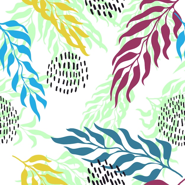 Vector seamless pattern with colorful watercolor illustration of exotic leaves