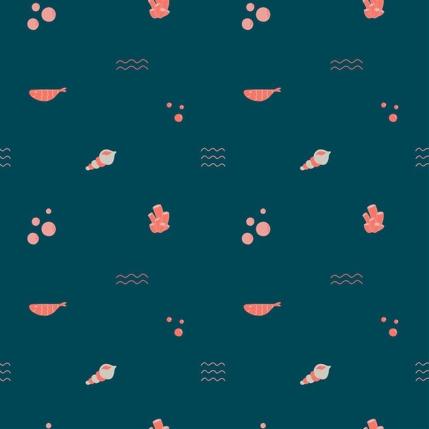 Vector seamless pattern with coral, fish, shell, buuble, wave on dark blue background