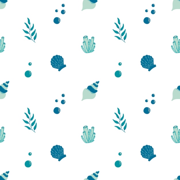 Vector seamless pattern with coral shell bubble seaweed