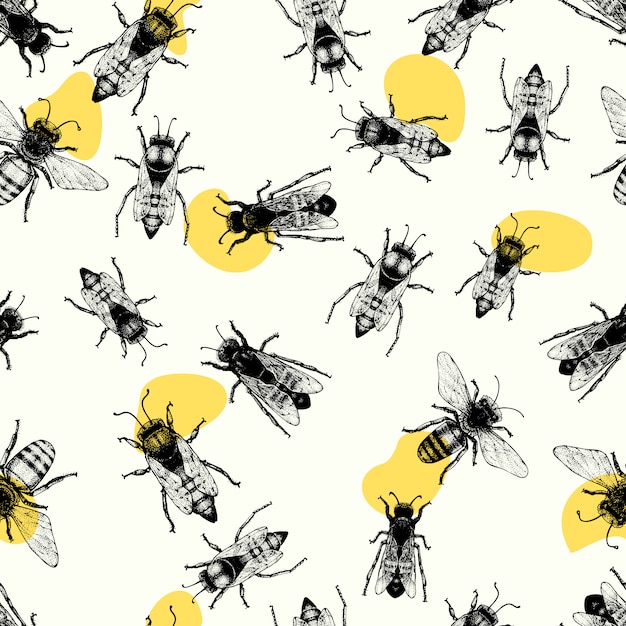 Vector seamless pattern with crawling bees.