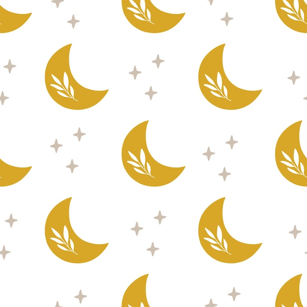 Vector seamless pattern with crescent moon stars trendy celestial ornament on white background