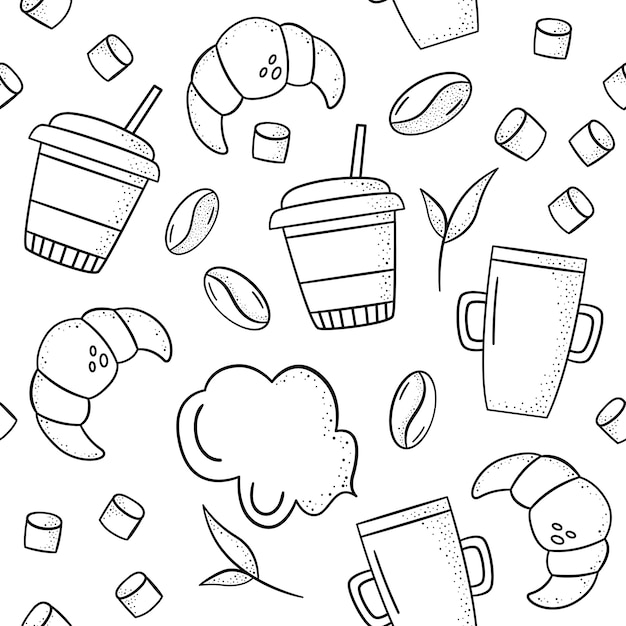 Vector seamless pattern with croissants, coffee beans, mugs, marshmallow, mint.